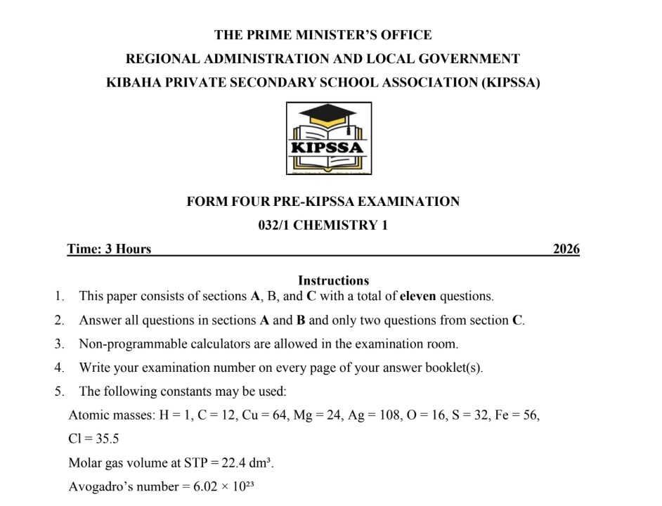 CHEMISTRY 1 FORM FOUR PRE-KIPSSA EXAMINATION