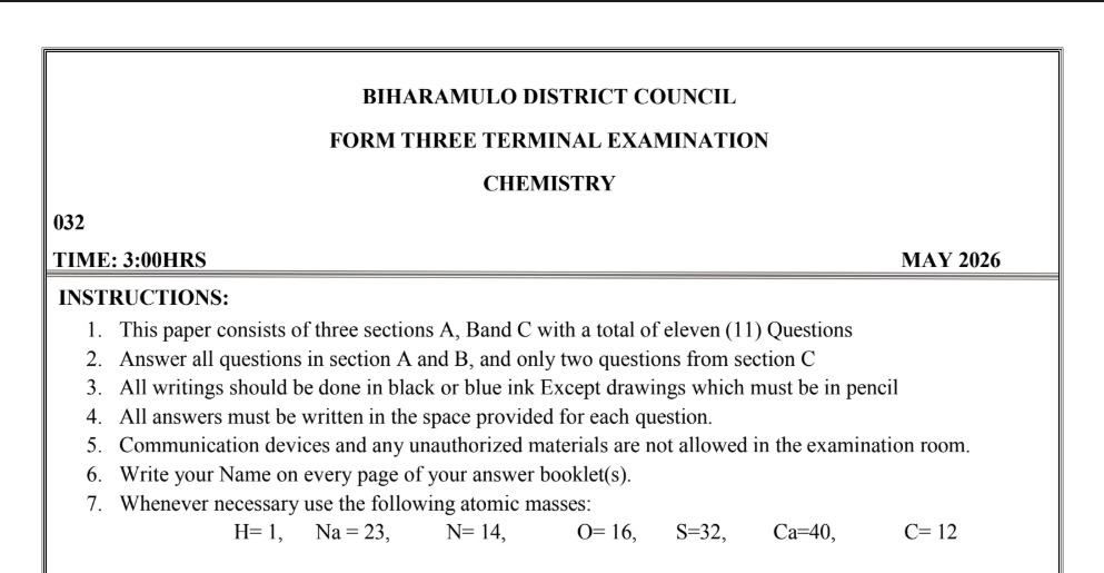 CHEMISTRY FORM THREE TERMINAL EXAMINATION