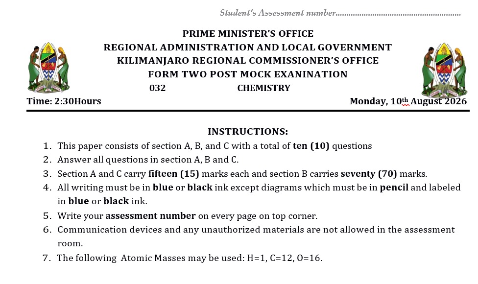 FORM TWO POST MOCK KILIMANJARO CHEMISTRY EXAMINATION