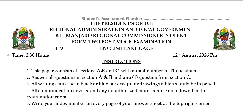 FORM TWO POST MOCK KILIMANJARO ENGLISH LANGUAGE EXAMINATION