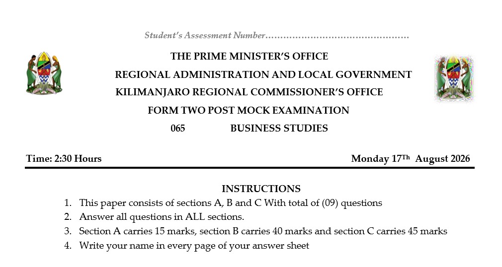 FORM TWO POST MOCK KILIMANJARO BUSINESS STUDIES EXAMINATION