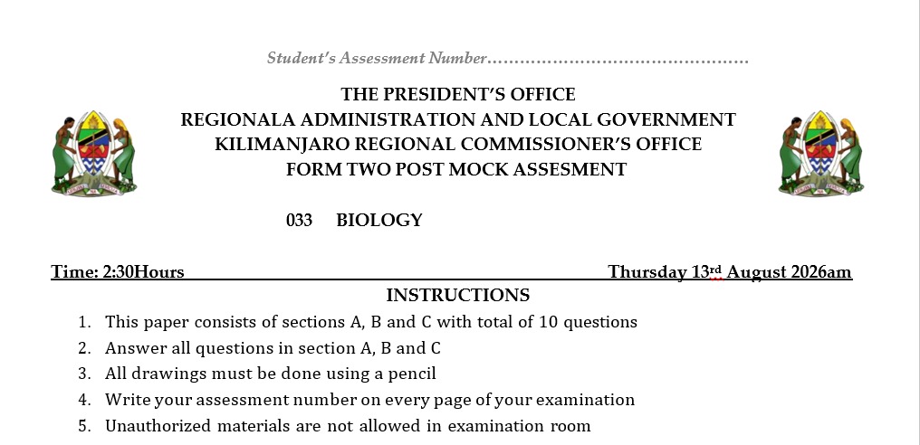 FORM TWO POST MOCK KILIMANJARO BIOLOGY EXAMINATION