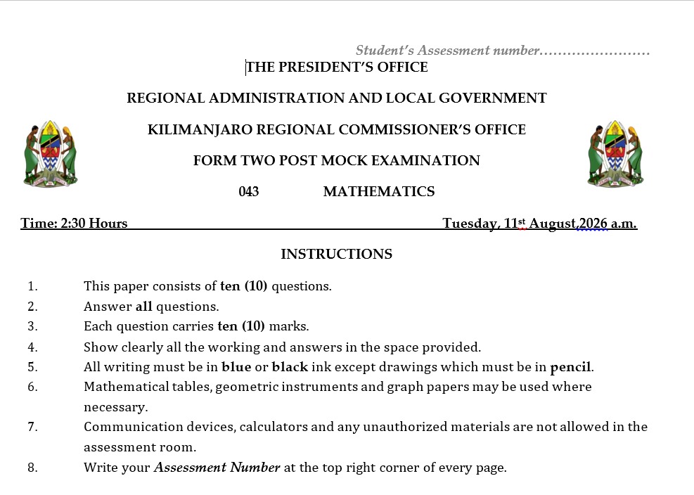 FORM TWO POST MOCK KILIMANJARO MATHEMATICS EXAMINATION